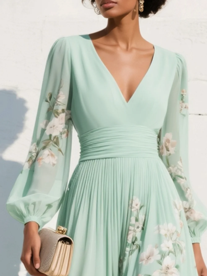 Layla | Maxi Pleated Chiffon Dress in Mint Green with Floral Print for Women