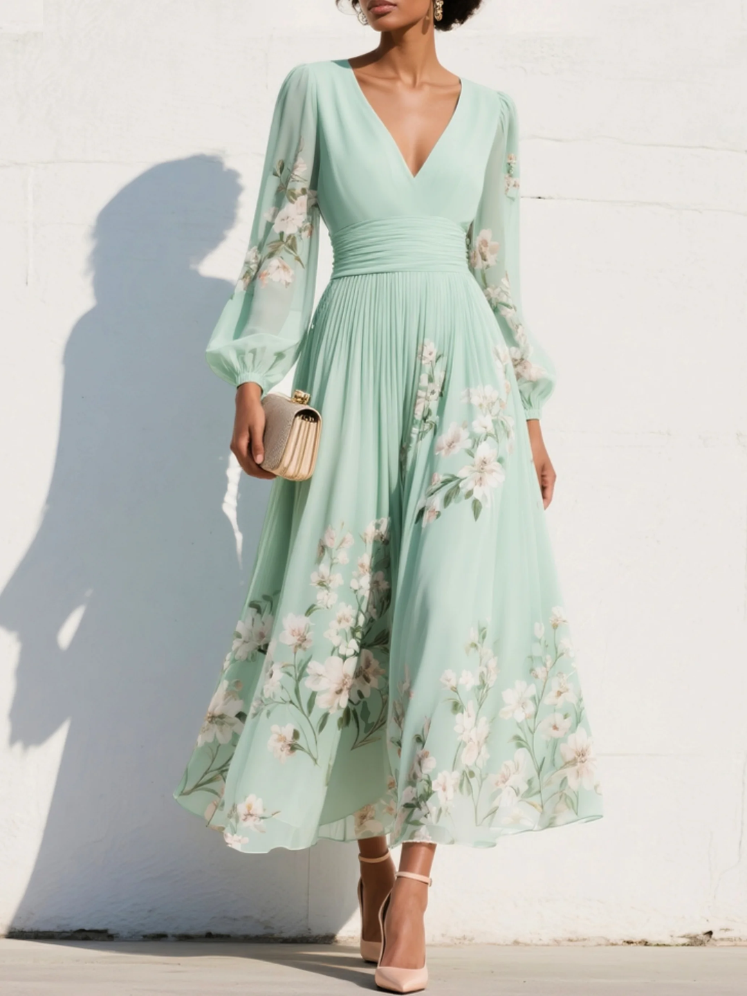 Layla | Maxi Pleated Chiffon Dress in Mint Green with Floral Print for Women