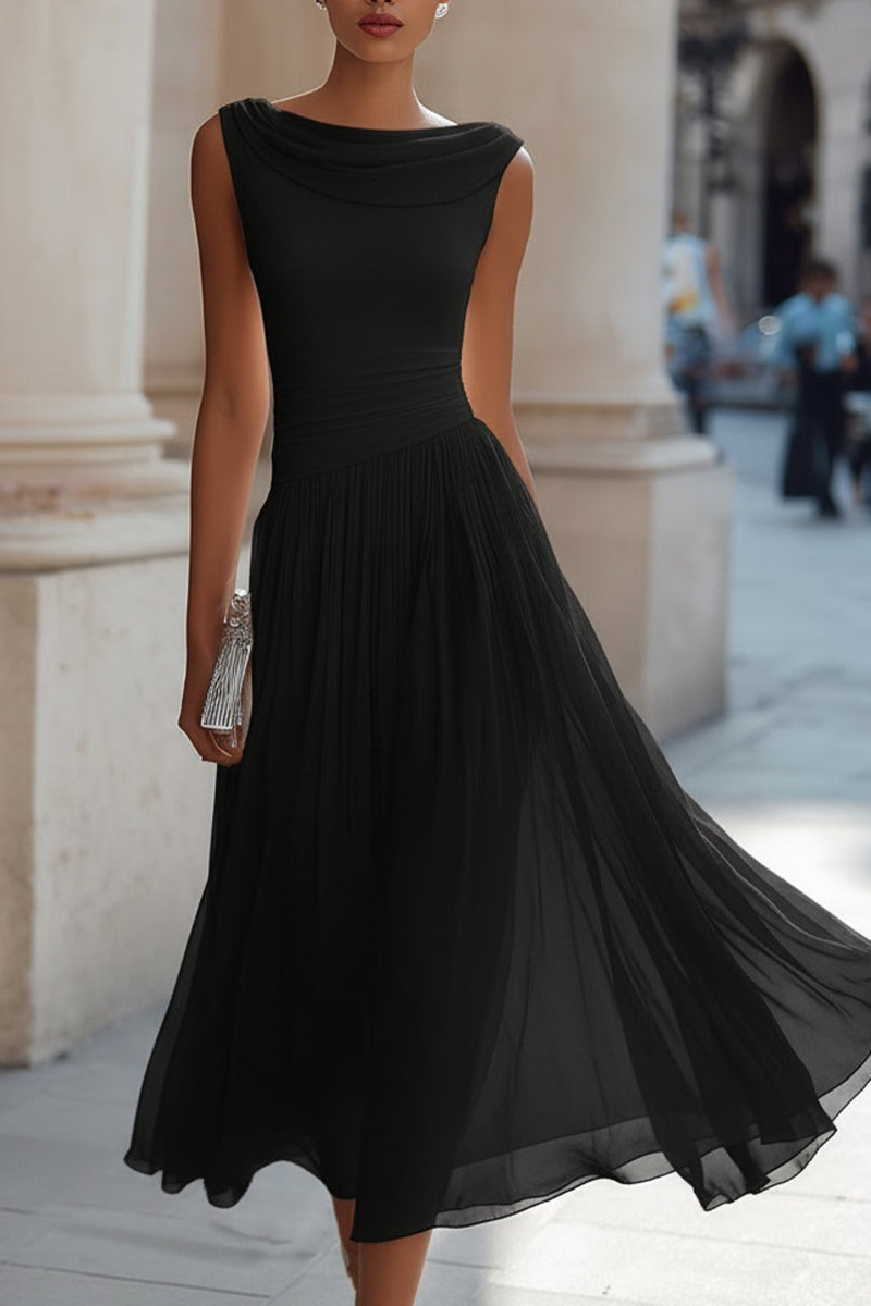 Simone | Draped Neck Pleated Midi Dress