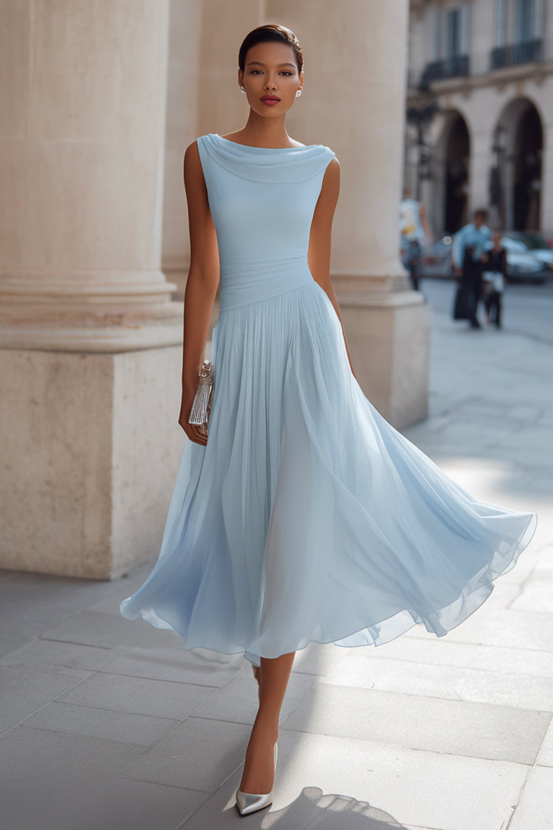Simone | Draped Neck Pleated Midi Dress