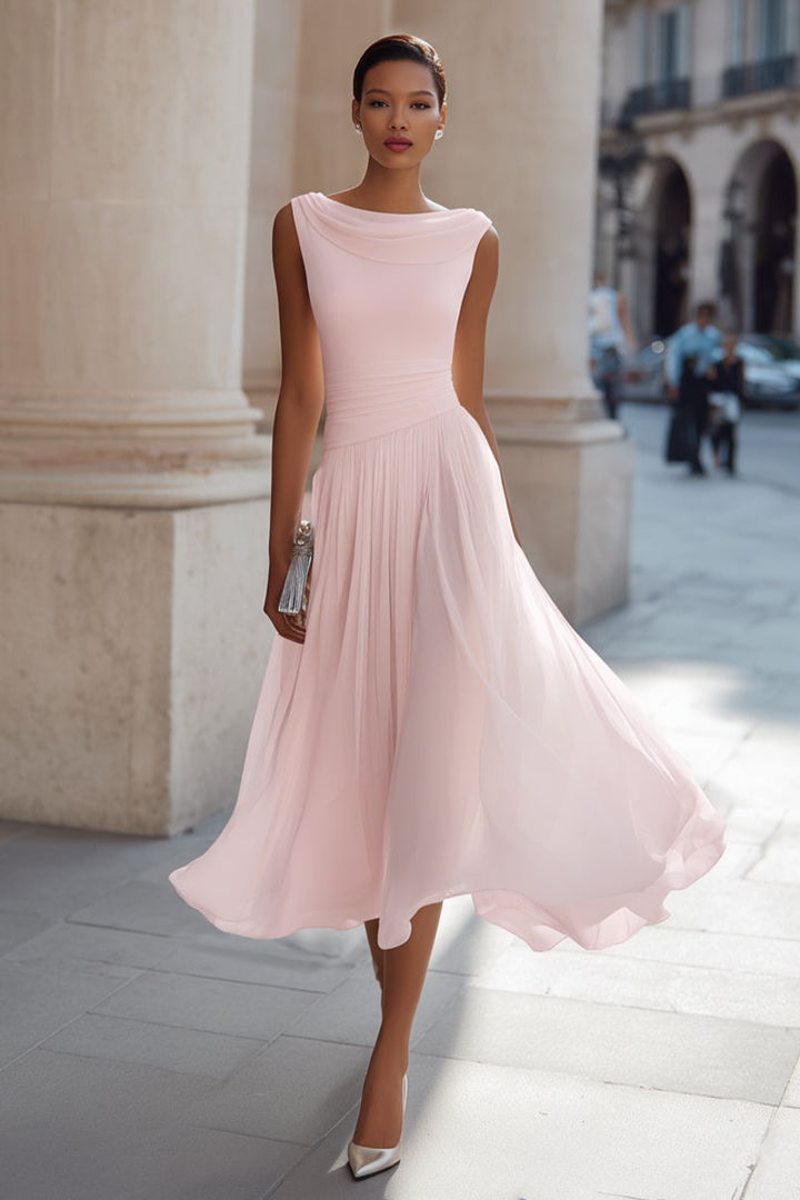 Simone | Draped Neck Pleated Midi Dress