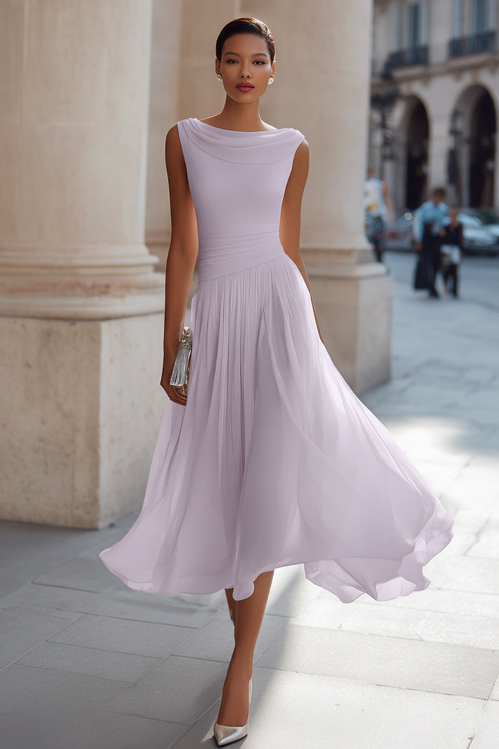 Simone | Draped Neck Pleated Midi Dress