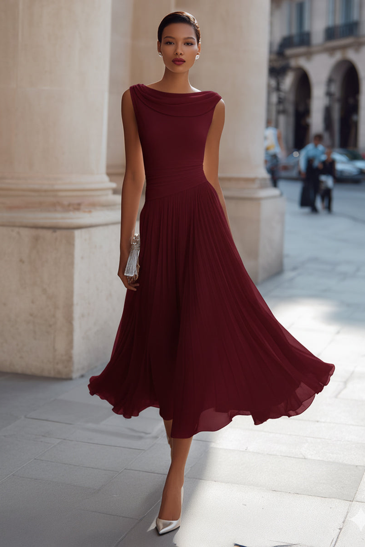 Simone | Draped Neck Pleated Midi Dress