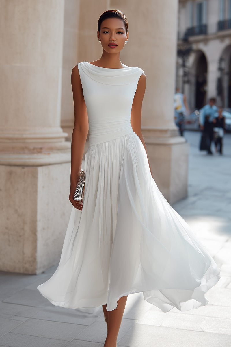 Simone | Draped Neck Pleated Midi Dress